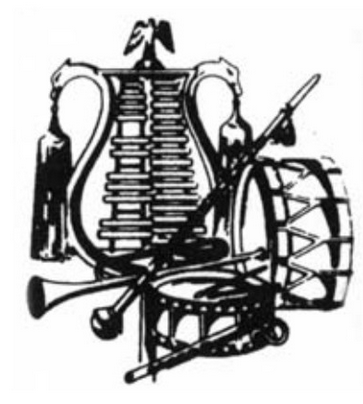 Logo für den Tambourcorps. Lyra, Tambourstab, Marschtrommel und Pauke sind voreinander gelagert und zeigen die musikalische Zusammensetzung eines Tambourcorps